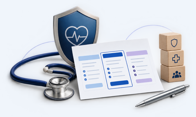 Stethoscope, shield and a plan comparison sheet