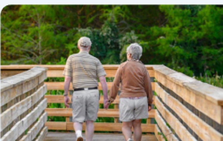 Senior couple walking hand in hand across a wooden bridge